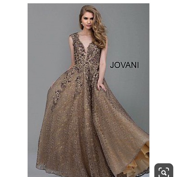 Jovani taupe embroidered lace gown